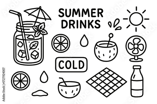 Summer Drink Doodles. Hand-drawn doodle illustration Summer Drinks mason jar, straw, umbrella, ice cubes, mint sprig, lemon wheel, condensation drop, cold