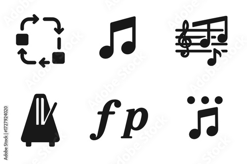 Jazz Music Icons. Solid, filled icon set of jazz music elements: chord progression, rhythm, melody, harmony, tempo, dynamics, phrasing, articulation. Solid,