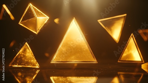 Golden Triangular Pyramids Abstract 3D Render