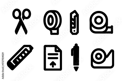 Packing Tools Icons. Solid, filled icon set of bubble wrap related tools: packing scissors, packing tape, cutter knife, measuring tape, box cutter, shipping