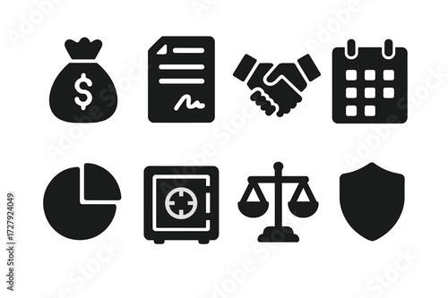 Severance Package Icons. Solid, filled icon set of severance package: money bag, contract document, handshake, calendar, pie chart, safe, legal scale, shield.