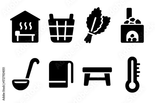 Banya Essentials Icons. Solid, filled icon set of banya essentials: steam room, wooden bucket, venik (birch broom), sauna stove, ladle, towel, bench,