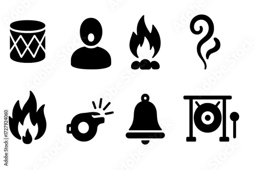 Fire Ritual Icon Set. Solid, filled icon set of fire ritual sounds and effects: drum, chanting, fire crackle, smoke swirl, flame burst, whistle, bell, gong.