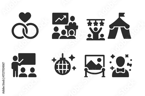 Event Icons Set. Solid, filled icon set of event types: wedding, conference, concert, festival, seminar, party, exhibition, gala. Solid, filled icons in only