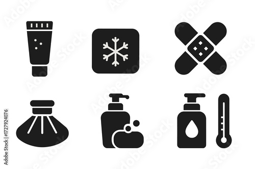 Rash Treatment Icons. Solid, filled icon set of rash treatment: ointment tube, cooling gel, antihistamine pill, bandage, ice pack, soap bar, moisturizing