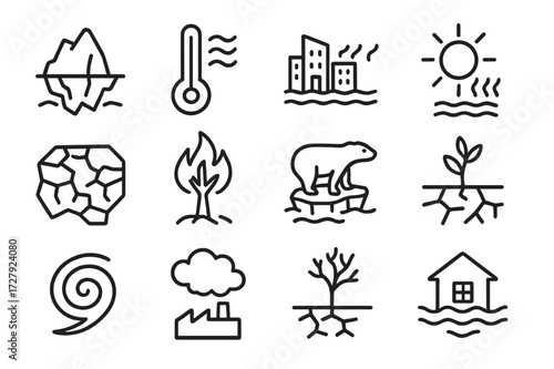 Global Warming Icons. Global warming. Line icon set of global warming: melting iceberg, rising thermometer, flooded city, heatwave sun, dry cracked earth,