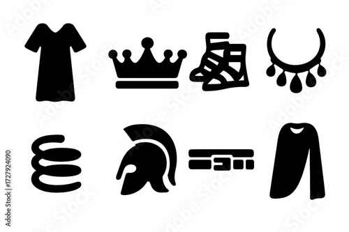 Ancient Clothing Icons. Solid, filled icon set of ancient clothing and accessories: robe, crown, sandals, necklace, bracelet, helmet, belt, cloak. Solid,