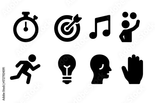 Practice Goals Icon Set. Solid, filled icon set of practice goals: speed, accuracy, rhythm, coordination, endurance, creativity, expression, technique. Solid,