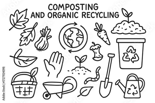 Composting Doodle Icons. Hand-drawn doodle illustration [Composting and organic recycling] [compost pile, leaves, vegetable scraps, plant, hand, globe, arrows