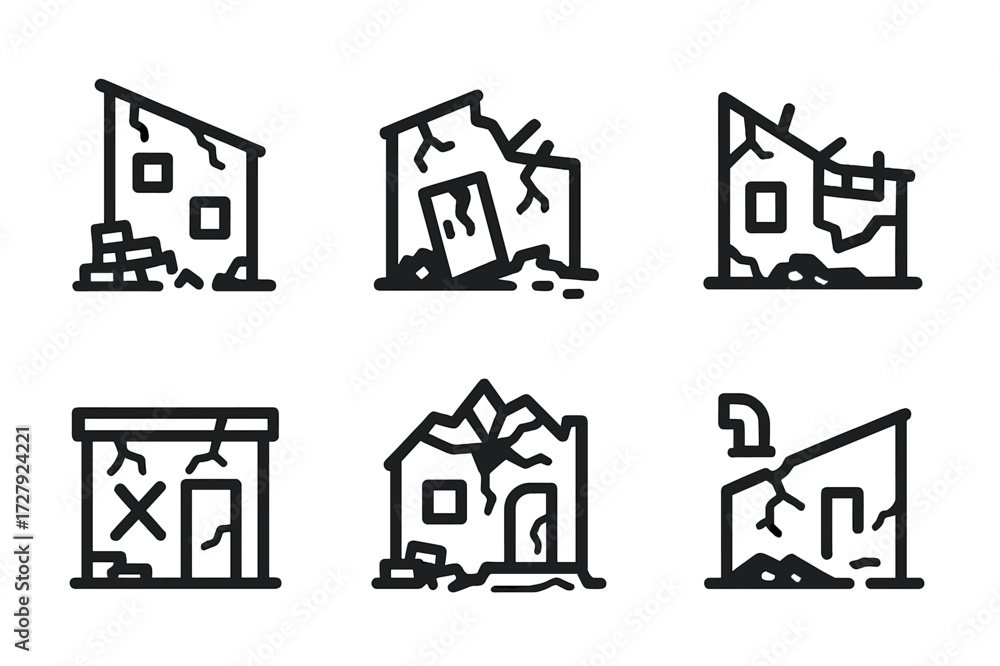 Ruined Building Icon Set. Solid, filled icon set of ruined building: collapsed walls, smashed doors, exposed beams, scattered bricks, cracked floor, graffiti,