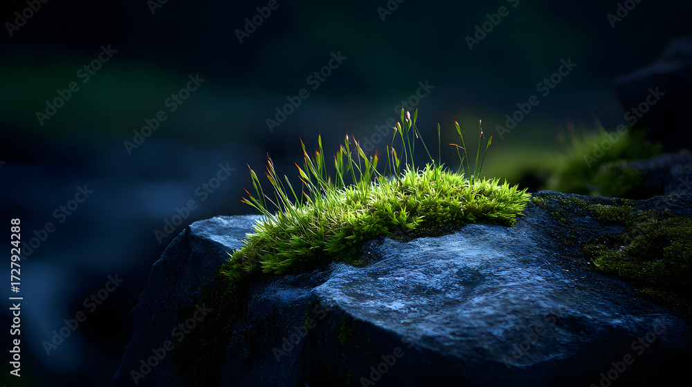 Naklejka premium Moss and Rock Harmony: A detailed close-up reveals a verdant patch of moss thriving atop a weathered rock, evoking a sense of nature's resilience and understated beauty. The scene is bathed in soft.