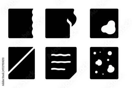 Parchment Icons Set. Solid, filled icon set of parchment textures and damage: torn edge, burnt corner, water stain, crease, fold mark, faded ink, holes, rough
