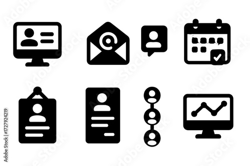 Recruitment Toolkit Icons. Solid, filled icon set of recruitment tools: ATS software, email invitation, video interview, calendar scheduling, job posting,
