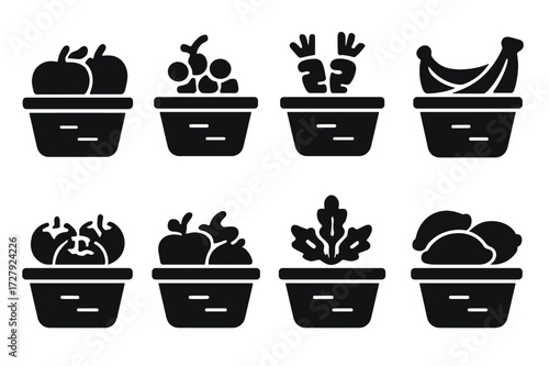 Fruit and Vegetable Icons. Solid, filled icon set of fruit and vegetable baskets: basket with apples, basket with grapes, basket with carrots, basket with