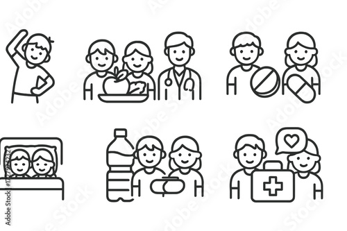 Stepsiblings Wellness Icons. Outline icon set of stepsiblings health and wellness: exercise, healthy meal, doctor visit, vitamins, sleep, hydration, first aid