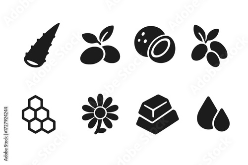 Natural Balm Ingredients Icons. Solid, filled icon set of cream balm natural sources: aloe leaf, shea nuts, coconut, jojoba seeds, honeycomb, chamomile flower,