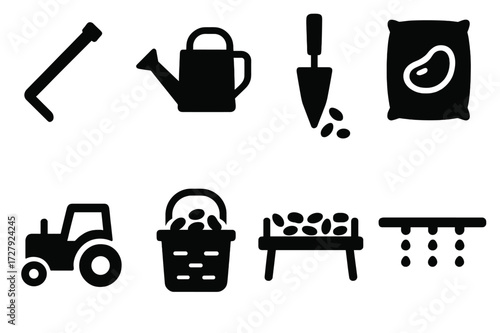 Legume Farming Tools Icons. Solid, filled icon set of legume farming tools: hoe, watering can, seed planter, fertilizer bag, tractor, harvesting basket, drying
