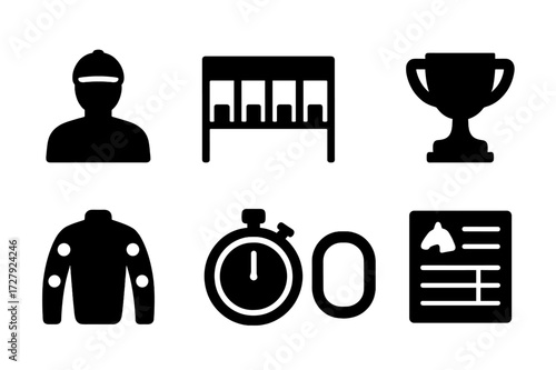 Horse Racing Icons. Solid, filled icon set of horse racing: jockey, starting gate, finish line, trophy, racing silks, stopwatch, track, betting slip. Solid,