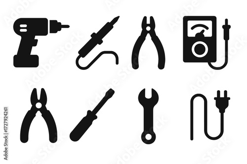 Power Tool Icons. Solid, filled icon set of power tools: drill, soldering iron, wire cutter, multimeter, pliers, screwdriver, wrench, cable. Solid, filled