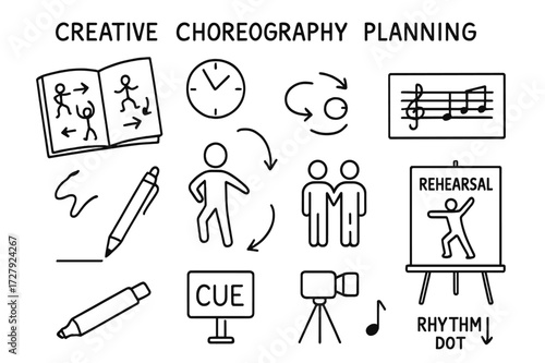 Dance Choreography Icons. Hand-drawn doodle illustration [Creative choreography planning] [notebook, stick figure poses, clock, pen, movement arrows, partner
