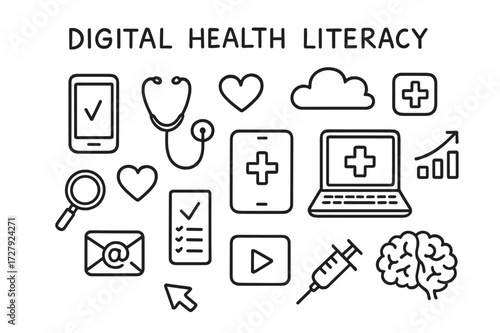 Digital Health Icons. Hand-drawn doodle illustration Digital health literacy [smartphone, tablet, laptop, cloud, stethoscope, heart symbol, app icon, cursor,