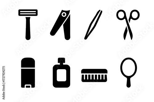 Grooming Tools Icons. Solid, filled icon set of daily grooming tools: razor, nail clipper, tweezers, scissors, deodorant, cologne, brush, mirror. Solid, filled