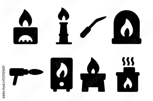 Industrial Flame Icons. Solid, filled icon set of industrial flames: furnace flame, refinery burner, welding flame, kiln fire, gas torch, boiler flame, metal