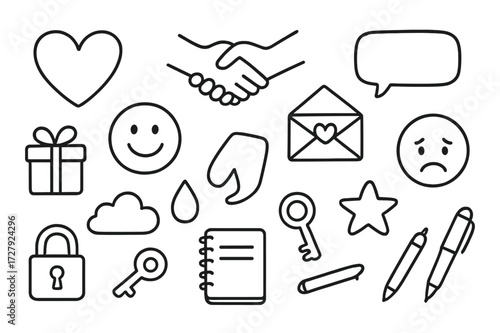 Friendship Doodle Icons. Hand-drawn doodle illustration Friendship confession heart, handshake, open letter, speech bubble, smiling face, sad face, tear drop,
