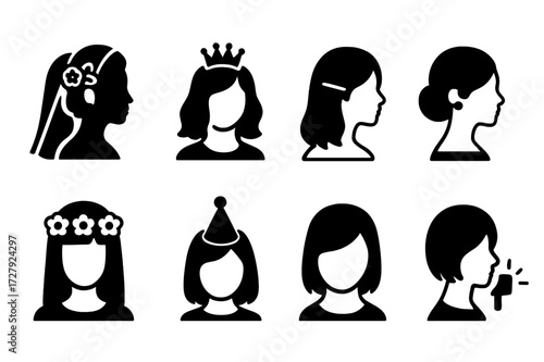Hairpin Icon Set. Solid, filled icon set of hairpin occasions: wedding, prom, casual, formal, festival, party, daily wear, photo shoot. Solid, filled icons in
