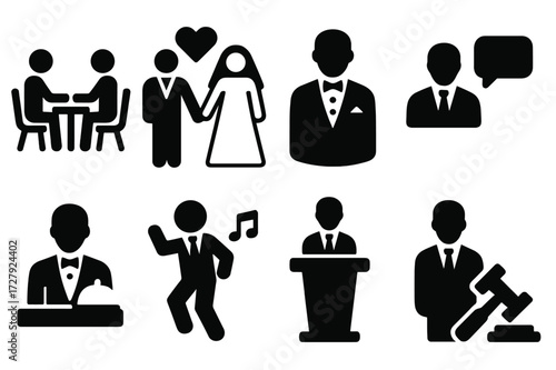Formal Suit Icons. Solid, filled icon set of suit occasions: business meeting, wedding, gala, interview, formal dinner, party, conference, court appearance.
