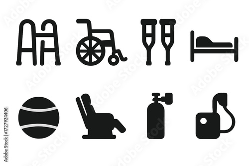 Recovery Equipment Icons. Solid, filled icon set of recovery equipment: walker, wheelchair, crutches, hospital bed, exercise ball, massage chair, oxygen tank,