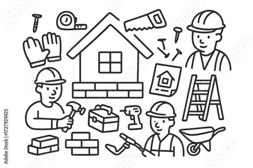 Construction Tools Icons. Hand-drawn doodle illustration house construction workers hammer, saw, hard hat, safety vest, gloves, toolbox, ladder, blueprint,