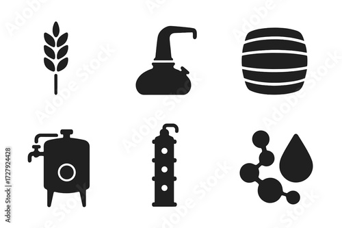 Whiskey Production Icons. Solid, filled icon set of whiskey production: barley, malt, copper still, oak barrel, fermentation tank, distillation column, yeast,