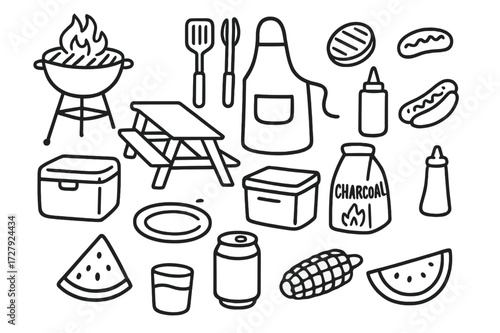 Summer BBQ Doodles. Hand-drawn doodle illustration preparing for a summer barbecue grill, spatula, tongs, apron, picnic table, cooler, charcoal bag, ketchup