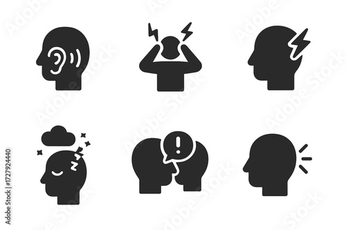 Noise Effects Icons. Solid, filled icon set of noise effects: hearing damage, stress, headache, fatigue, insomnia, distraction, communication