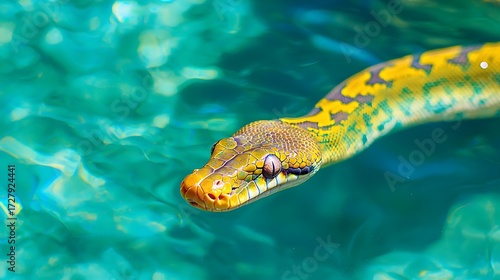 A green and yellow snake swims gracefully through clear blue water