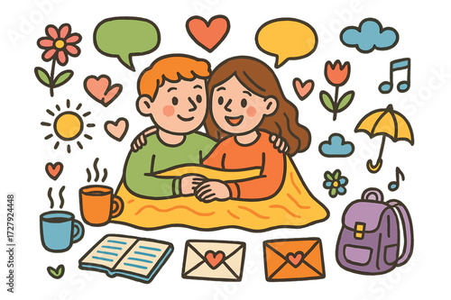 Heartfelt Conversations. Listening and understanding. Colorful Hand-drawn doodle Children illustration Couple talking, speech bubbles, heart symbol, coffee