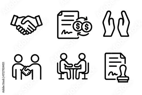 Deal Icons Set. Outline icon set of deal themes: handshaking, contract, money exchange, agreement, partnership, negotiation, signature, document stamp. Line
