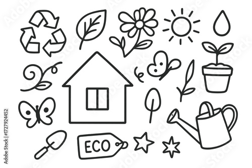 Eco Home Doodle. Hand-drawn doodle illustration Sustainable home lifestyle [house, recycling symbol, eco leaf, flower, sprout, vine, sun, droplet, potted