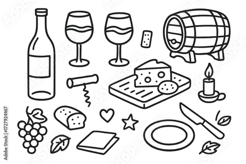 Wine Tasting Icons. Hand-drawn doodle illustration Wine tasting setup [wine bottle, cork, corkscrew, two glasses, grapes, cheese board, bread, barrel, plate,