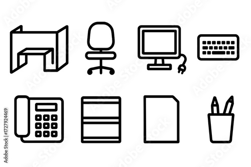 Vacant Workspace Icons. Solid, filled icon set of vacant workspace: empty cubicle, empty swivel chair, unplugged monitor, empty keyboard, empty office phone,