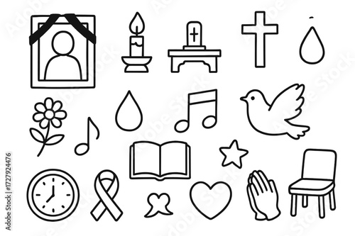 Memorial Service Symbols. Hand-drawn doodle illustration memorial service photo frame, candle, flowers, altar, cross, teardrop, music note, book, dove, clock,