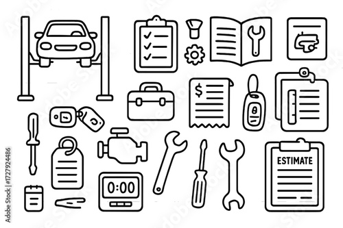 Automotive Repair Icons. Hand-drawn doodle illustration [automotive repair tracking] [car lift, checklist, parts icon, repair manual, service receipt, toolbox,