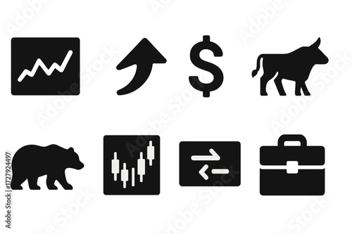 Stock Market Icons. Solid, filled icon set of stock market basics: stock chart, upward arrow, dollar sign, bull market, bear market, trading graph, stock