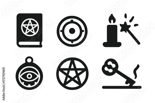 Occult Symbols Icons. Solid, filled icon set of secret rituals and symbols: occult book, ritual circle, candle, magic wand, talisman, pentagram, ancient key,