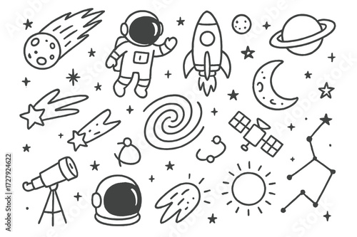 Space Adventure Doodles. Hand-drawn doodle illustration Comet and astronauts comet, astronaut, rocket, moon, planet, stars, galaxy swirl, satellite, orbit