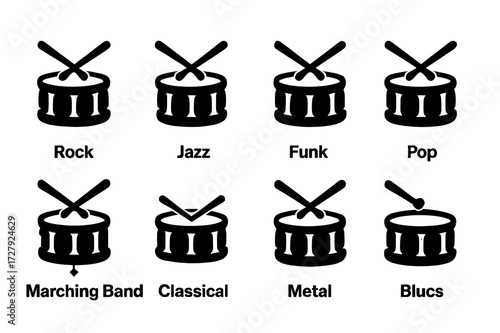 Snare Drum Icons. Solid, filled icon set of snare drum genres: rock, jazz, funk, pop, marching band, classical, metal, blues. Solid, filled icons in only black