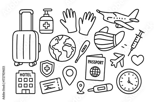 Health Travel Essentials. Hand-drawn doodle illustration Health-conscious travel suitcase, sanitizer, face mask, gloves, thermometer, vaccine