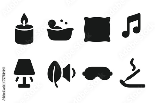 Therapy Relaxation Icons. Solid, filled icon set of therapy relaxation: scented candle, hot bath, soft pillow, calming music, gentle light, nature sounds, eye