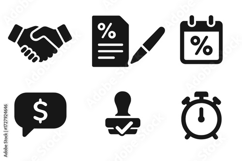 Interest Rate Icons. Solid, filled icon set of interest rate negotiation: handshake, contract, pen signing, calendar, speech bubble, dollar sign, approval
